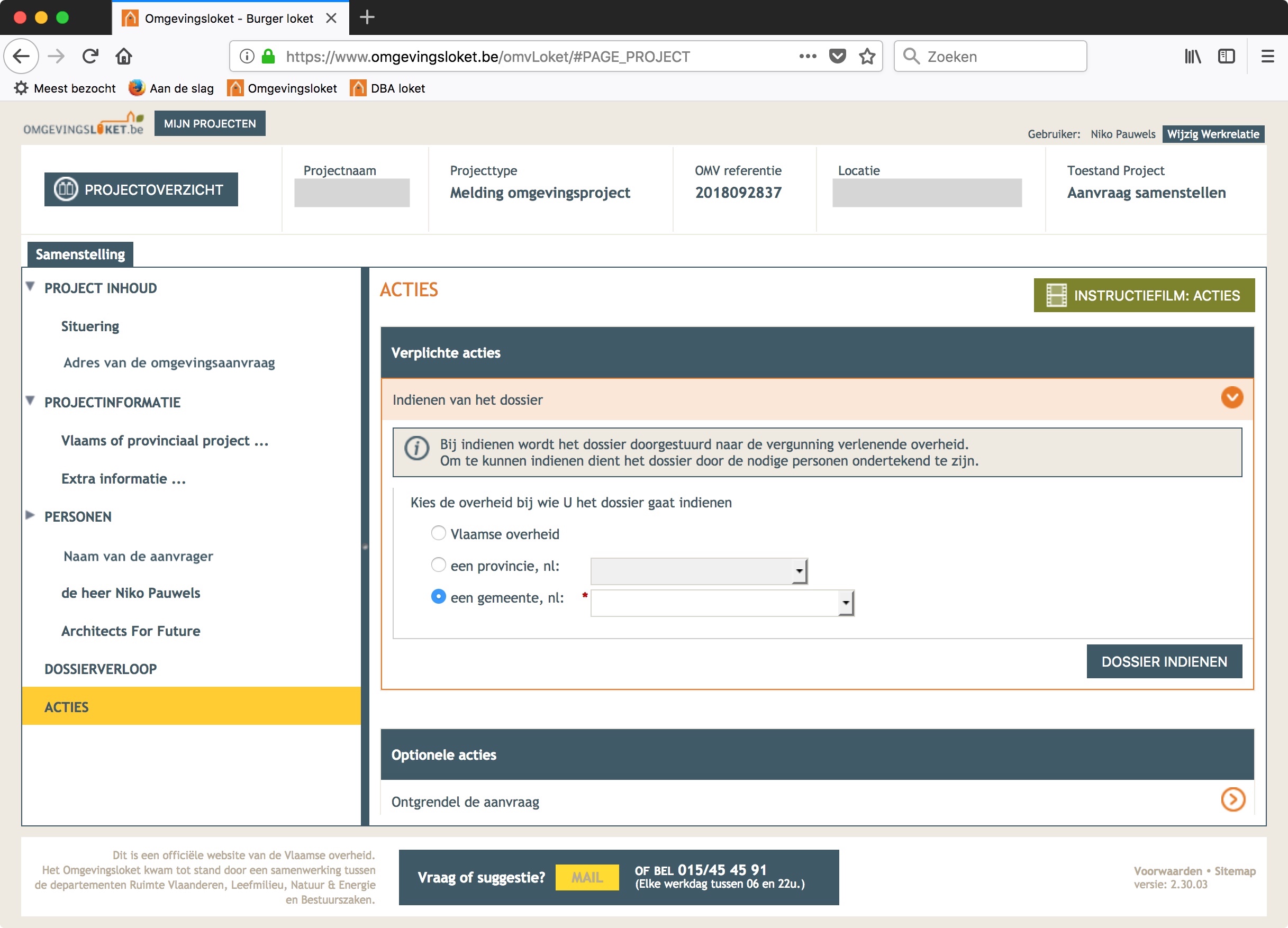 Omgevingsaanvraag - Actie indienen van het dossier